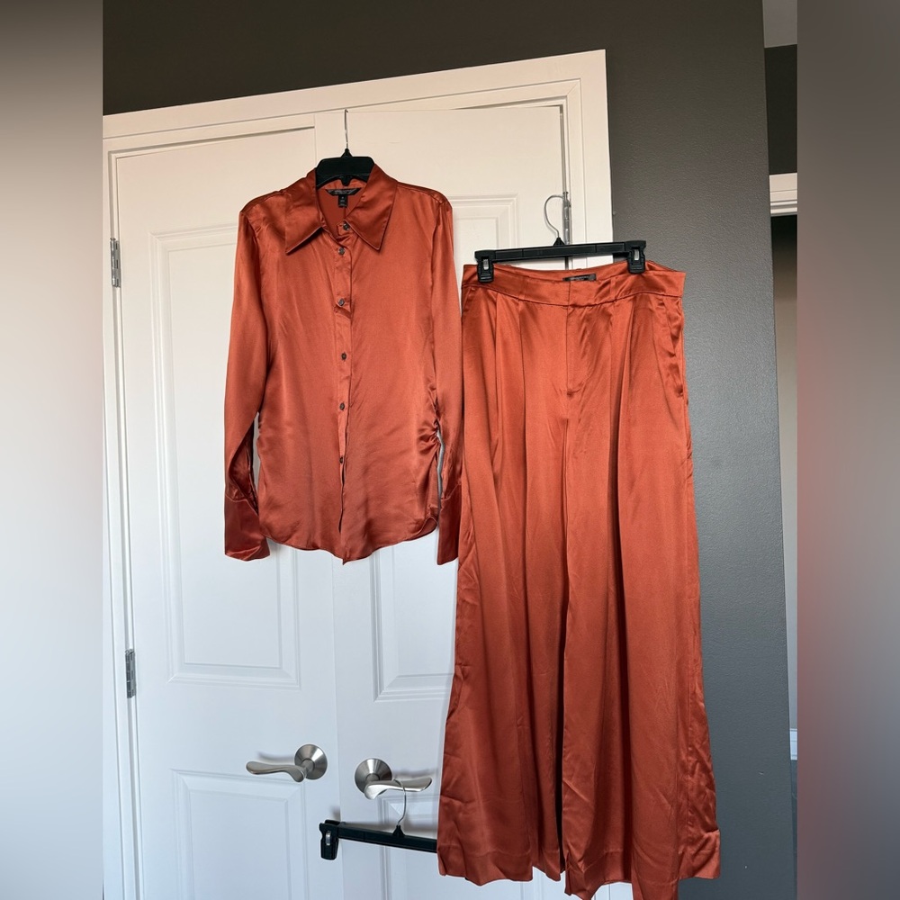 Banana Republic 100% Silk Terracotta Belay Wide-Leg Pants and Button Down
